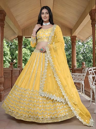 Zeel Clothing Women's Foil Embroidered Net Lehenga Choli With Dupatta (5029-Yellow-Women-Lehenga-Choli-Set, Free size)