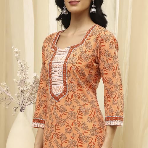 BIBA Women Peach Cotton Screen Print Unstitched Suit Set_FREE SIZE
