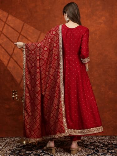 NIVANA Embroidered Anarkali Kurta with Pant & Bandhni Printed Dupatta | XL | Maroon | V-Neck | 3/4 Sleeves