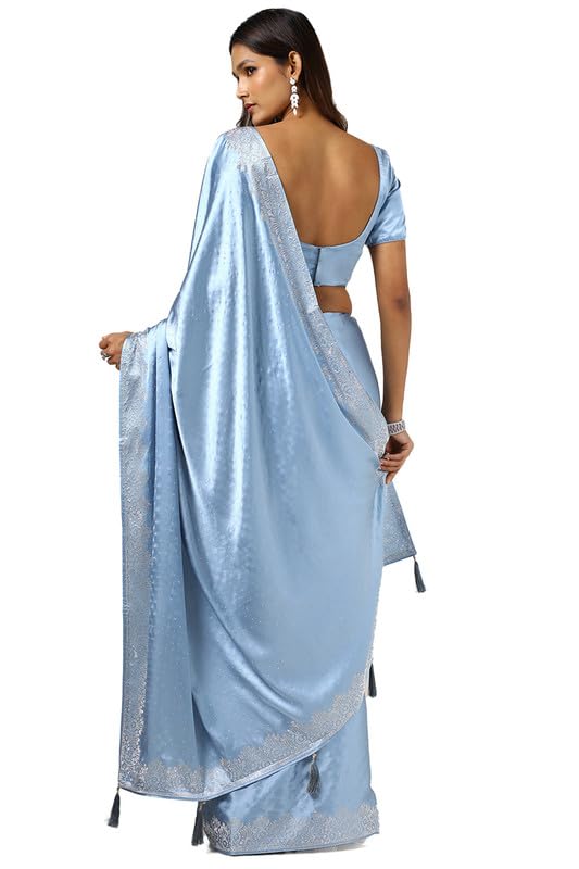 Soch Womens Powder Blue Satin Saree With Stone Work