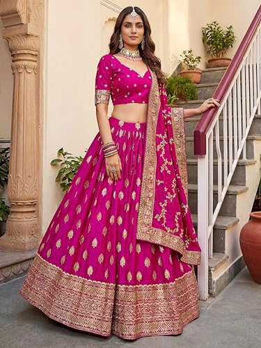 Zeel Clothing Women's Sequins Zari Embroidered Art Silk Lehenga Choli with Dupatta (5111-Pink-Womens-Lehenga-Choli; Free Size) (Pink)