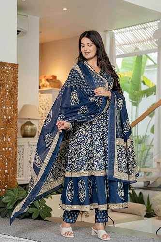 Pistaa's Women's Pure Cotton Anarkali Floral Printed Hand Work Kurta with Pant & Dupatta Set (Royal Midnight Blue, Large)