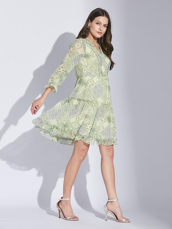 Latin Quarters Women Green V-Neck 3/4 Sleeve Printed Dress_M