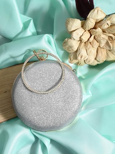 TOOBA Sparkling Silver Round Floral Synthetic Clutch – Stylish Rhinestone Handle Purse for Women, Ideal for Weddings, Parties & Festive Occasions
