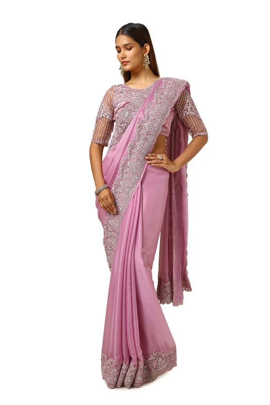 Soch Womens Onion Pink Chiffon Embroidered Saree With Sequins