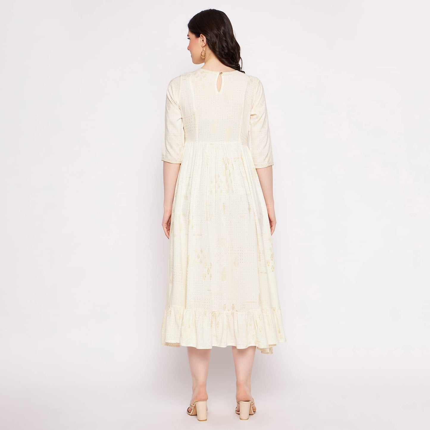 Rangavali Off White Foill Printed Cotton Frill Dress for Women | Stylish Kurti for Woman | A-Line Tiered Dress | Sundress | Maxi Dress | Short Dress | Wedding Party Ethnic Dress | Off White, 34 M