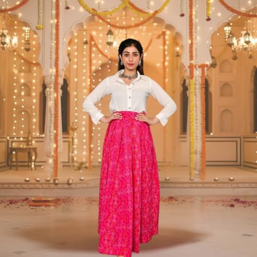 Aaheli Women’s Printed Bandhani Shirt and Skirt Set | Laasya Ethnic Co-Ord Set with Long Shirt and Flared Maxi Skirt | Traditional Festive Occasion Wear Outfit | White & Pink