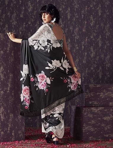 Womanista Women's Satin Two Way Floral Black Saree With Un-stitched blouse