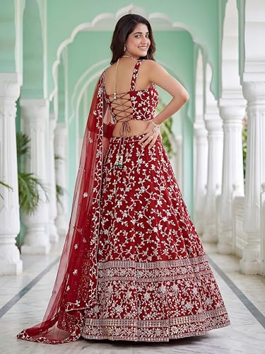 Zeel Clothing Women's Zari and Sequins Embroidered Georgette Lehenga Choli With Dupatta (5058-Red-Women-Latest-Lehenga-Choli, Free size)