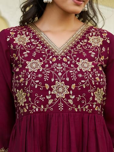NIVANA Emboidered Flared Kurta with pant & Embroidered Dupatta | M | Maroon | V-neck | 3-Piece Ethnic Set