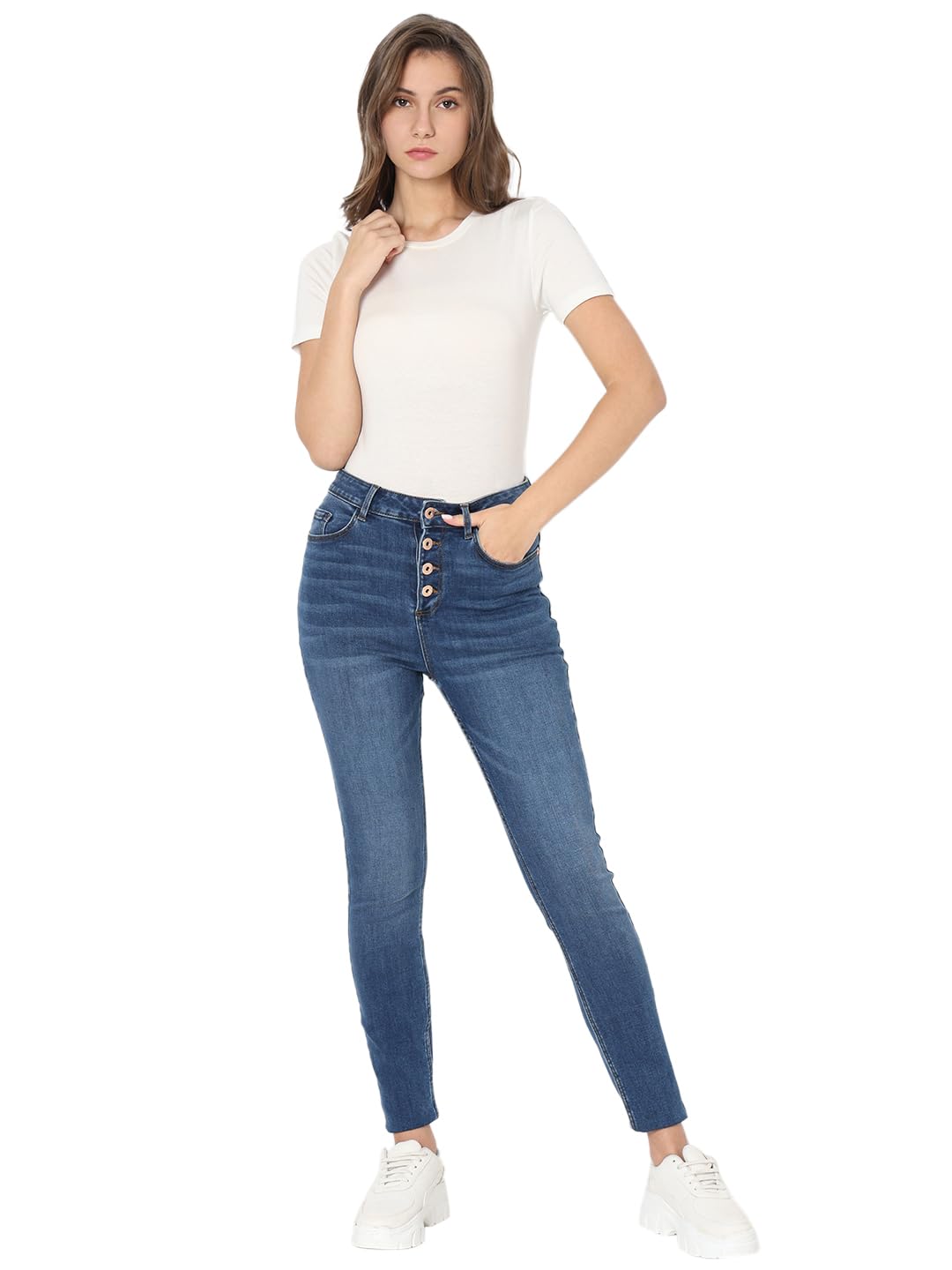 VERO MODA Women Solid Medium Blue Cotton Skinny Fit Ankle Length High Rise Jeans
