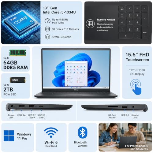 Dell 15 Touchscreen Laptop, Intel 13th i5-1334U, 16GB DDR5 RAM, 512GB SSD