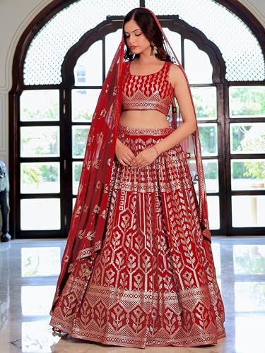 Zeel Clothing Women's Sequins Thread Embroidered Georgette Designer Semi-stitched Lehenga Choli Set With Dupatta (5116-Maroon-Wedding-Designer Free Size)
