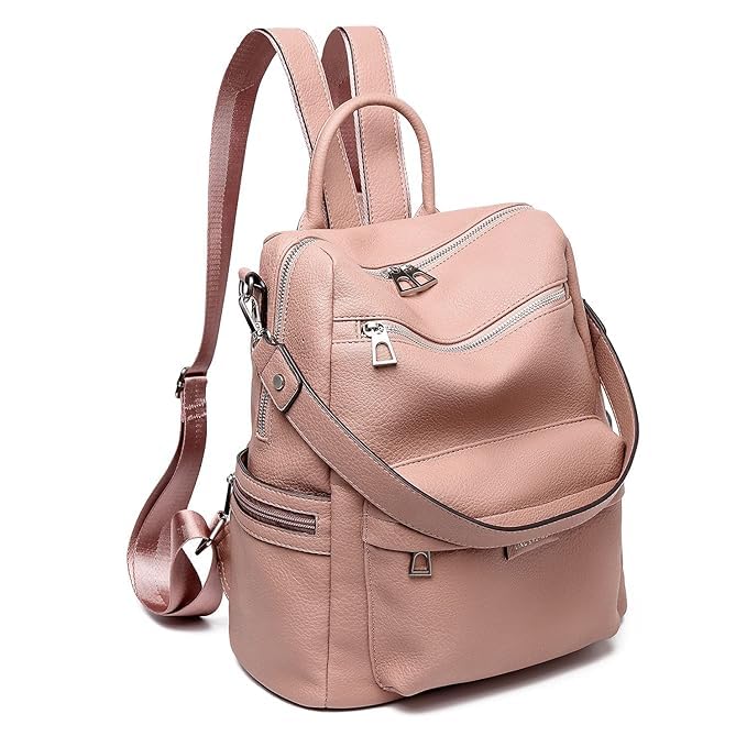 MomsyStore Medium Size Leatherette Backpack Purse for Women and Girls Convertible (PinkL)