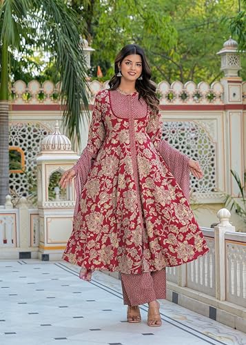Yash Gallery Women's Polyester Calf Length Regular Fitted 3/4th Sleeve Floral Printed Anarkali Kurta with Zig-Zag Printed Pant & Dupatta (Maroon, 7XL)