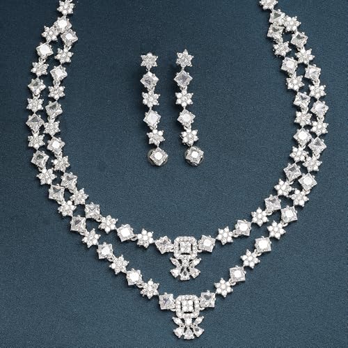 ZENEME Rhodium-Plated American Diamond Studded Star Shaped Layered Necklace With Earrings Jewellery Set For Girls and Women (White)