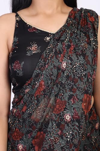 W for Woman Black Floral Printed Sequined Pre-Draped Georgette Saree with Blouse - (WS13896-127633-XL)