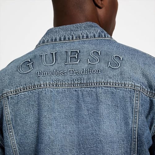 GUESS Men Washed Spread Collar Full Sleeves Denim Jacket