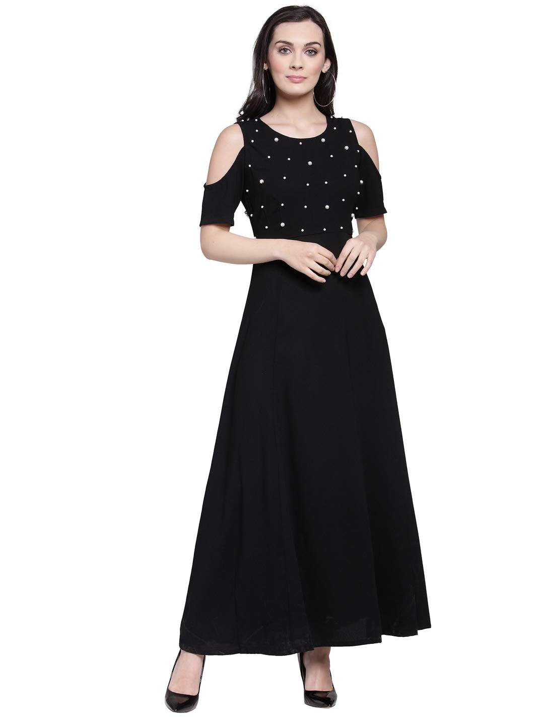pluss Women's Georgette a-line Maxi Dress (LDR2930- Black_M)