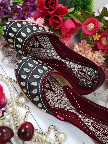 Fulkari Women Black Rays Gold Casual Genuine Soft Leather Jutis | Bite and Pinch Free Juttis | Punjabi Jutti | Girl's Office Flat Ladies Mojari | dailywear Ethnic Juti | 37