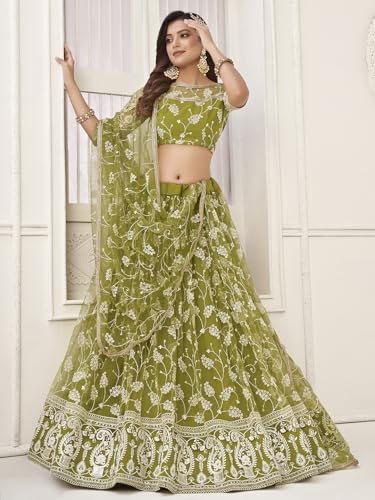 Zeel Clothing Women Embroidered Soft Net Semi-Stitched Lehenga Choli With Dupatta (2126-Olive-Green-Wedding-Stylish-Latest; Free Size)