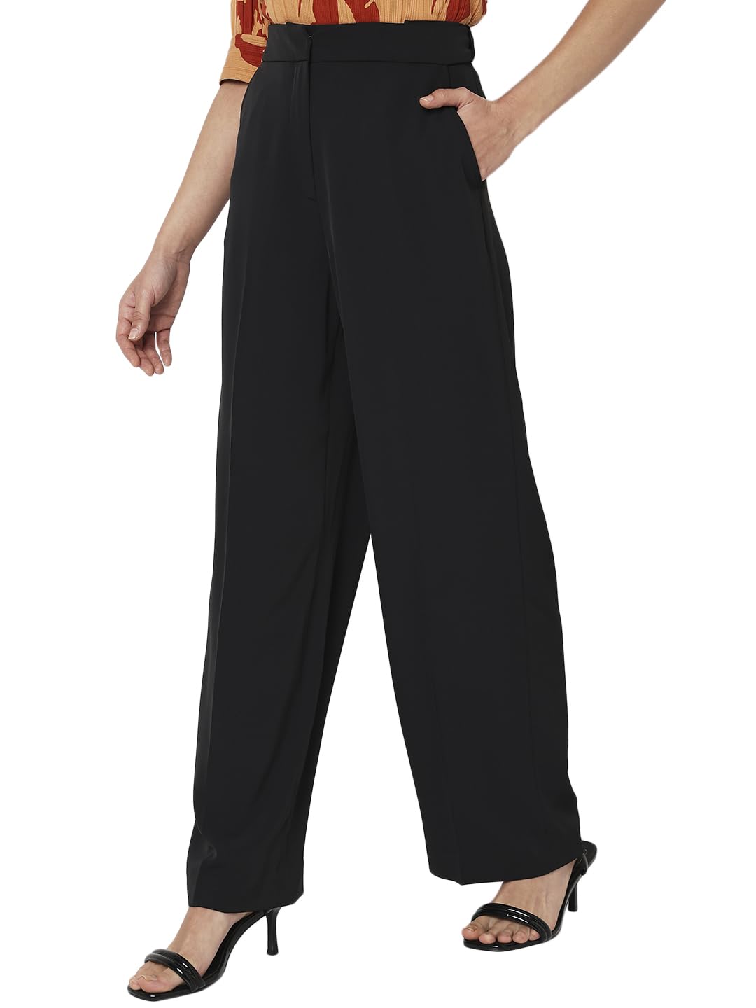 VERO MODA Women Solid Black Polyester Straight Fit High-Rise Pants