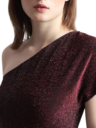 ONLY Women Solid Polyester Calf Length Maroon Bodycon Dress