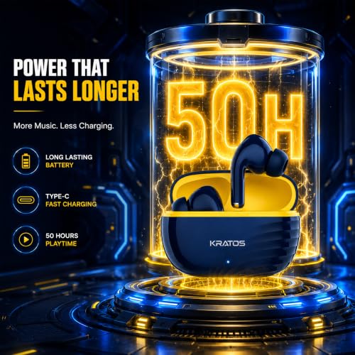 Kratos TW01 Ear Buds Wireless with 30H Playtime with Touch Control, Noise Isolation & Clear Calls, Bluetooth Earbuds with Voice Assistant, Bluetooth V 5.3 & with Type C Fast Charging,TWS Earphones
