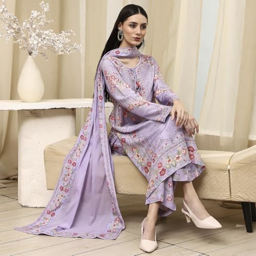 BIBA Women Purple Modal Blend Straight Suit Set_36