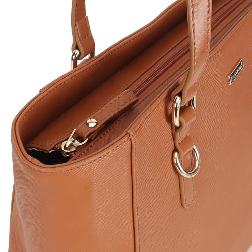 Fastrack CityStride tan Tote | Faux-Leather Women’s Handbag | Saffiano-Textured Tote for 14-Inch Laptop with Dual Compartments