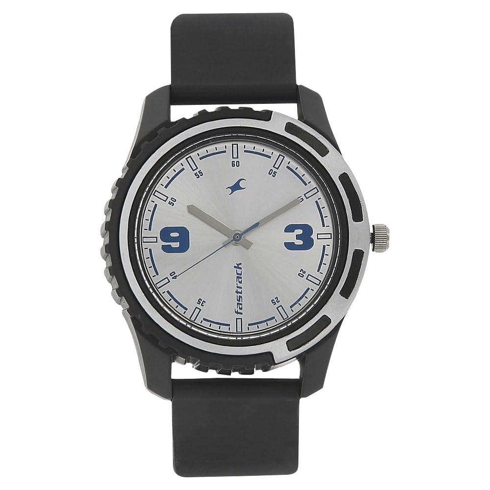 Fastrack Bare Basics Quartz Analog Silver Dial Black Plastic Strap Watch for Guys - NS3114PP02