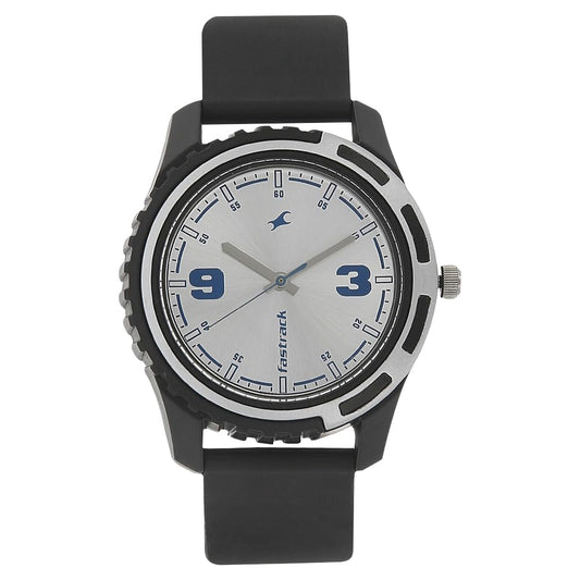 Fastrack Bare Basics Quartz Analog Silver Dial Black Plastic Strap Watch for Guys - NS3114PP02