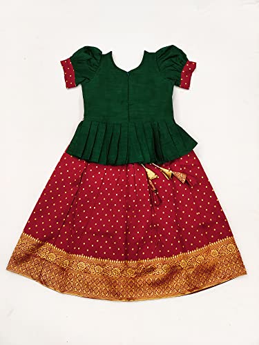 MAVIXA Baby Girl's Silk Jaquqrd Embroidered Readymade Lehenga Choli with Round Neck Short Sleeve Fit Flared Zipper Closure and Drawstring Closure Lehenga | Pattu_Elephant_Maroon & Green-12to18