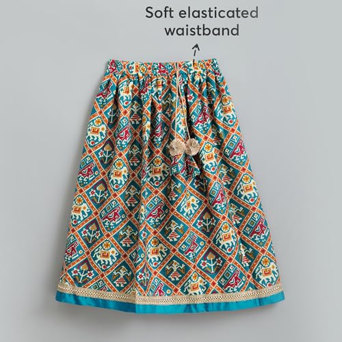 Hopscotch Hoscotch Girls Geometric Green Sleeveless 3 Piece Embroidered Tassel Lehenga Set For Ages (4-5 Years)