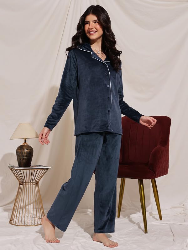 Clovia Women's Velour Button Down Shirt & Pyjama Set (LSW774G08_Navy Blue_S)