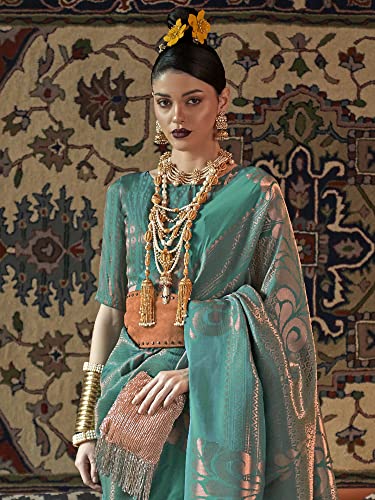 AKHILAM Women's Banarasi Silk Kanjivaram Pattu Woven Design Saree With Unstitched Blouse Piece (Teal blue_KNMNI2001_RJ)