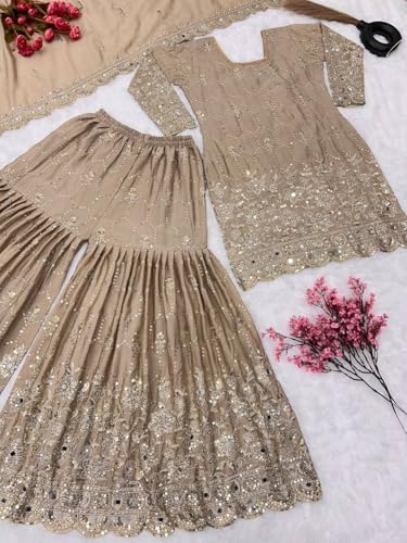 SAMUYA Embroidered Sharara Set, Beige, Net Fabric, Sequin Work, 3-Piece Suit with Dupatta (IN, Alpha, 2XL, Regular)