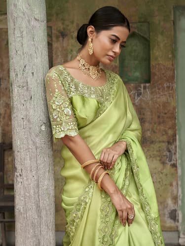 Zeel Clothing Women's Lime Green Embellished Embroidered Satin Saree with Blouse (ZURI-1106-Lime-Green-Sarees-For-Womens, Lime Green)