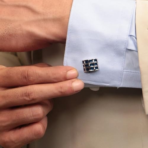 Topen Topen Blue Net Rectangular Brass Cufflinks For Men