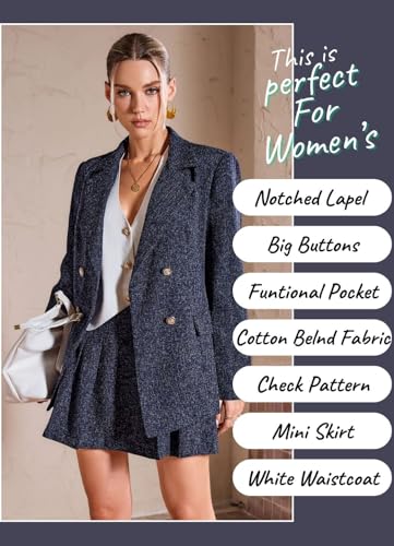 OFFICE PURPLE Women’s 3-Piece Cotton Blend Blazer, Mini Skirt & White Waistcoat | Stylish Formal Co-ord Set for Office, Business Meetings & Workwear-Blue