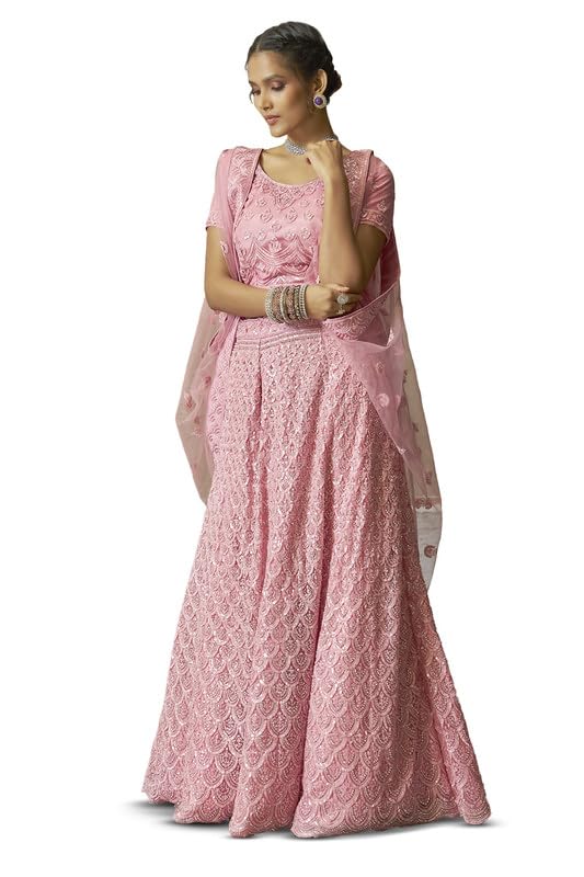 Soch Womens Pink Net All-Over Sequin Embellished Unstitched Lehenga Set with Belt