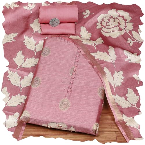 Biba Women Pink Chanderi Blend Printed Embroidered Unstitched Suit Set_FREE SIZE