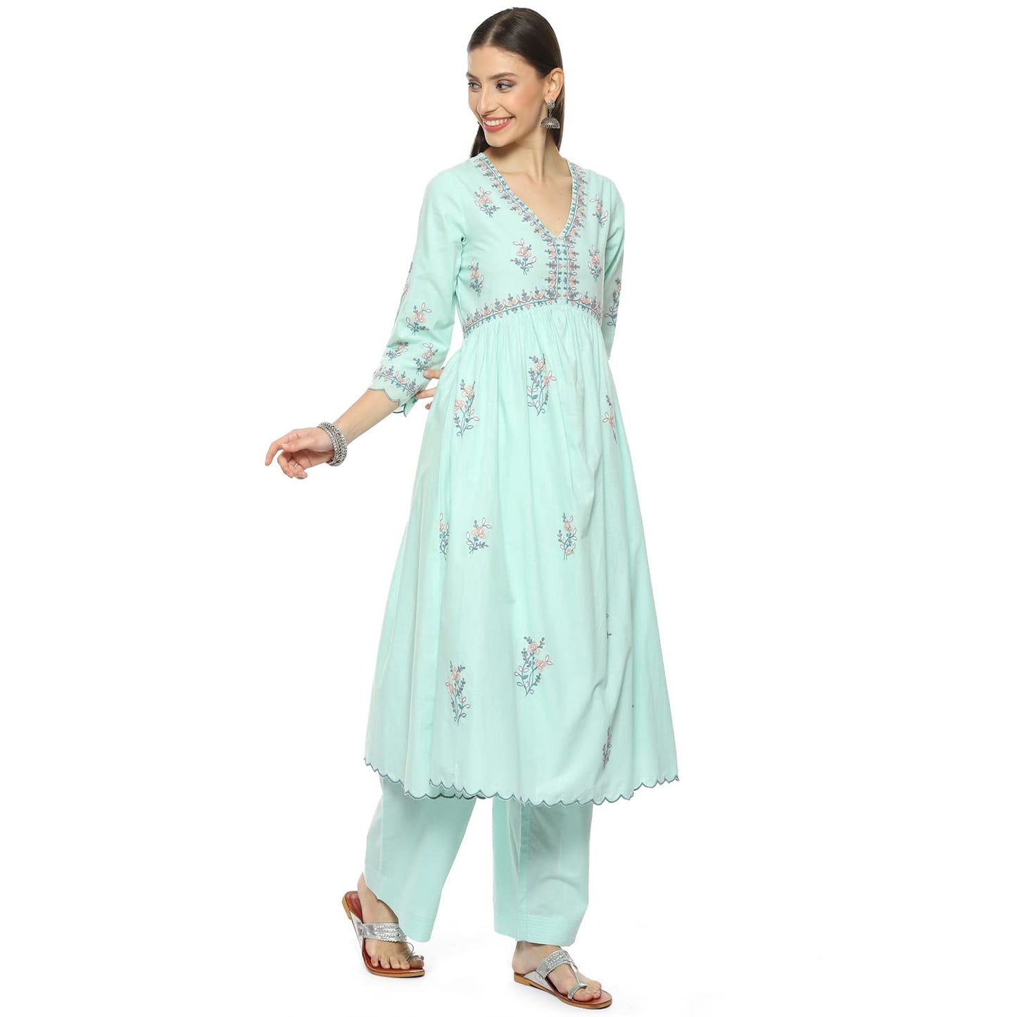 BIBA WOMEN EMBROIDERY STRAIGHT SALWAR KURTA DUPATTA(SKDPHULWARI8666_AQUA_38)