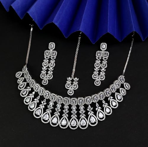 Khannak Rhodium-Plated with White American Diamond studded Necklace,Maang tikka and Drop Earrings Jewellery Set for women |Bridal Jewellery set (white)