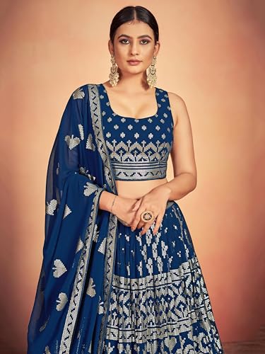 Zeel Clothing Women's Pure Georgette Semi-stitched Sequins Thread Embroidered Work Lehenga Choli With Dupatta (5117-Blue--Lehenga-Choli-New; Free Size)