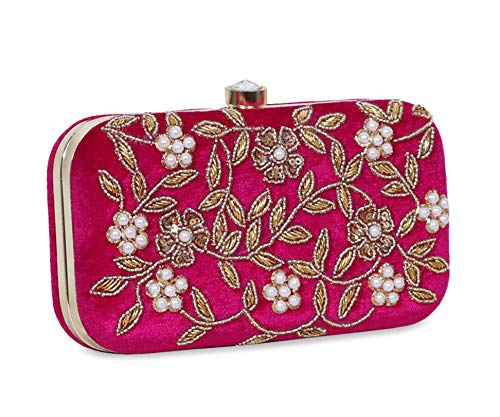 DUCHESS Women's Velvet Zari Zirkon Box Clutch Purse (Fuchsia)