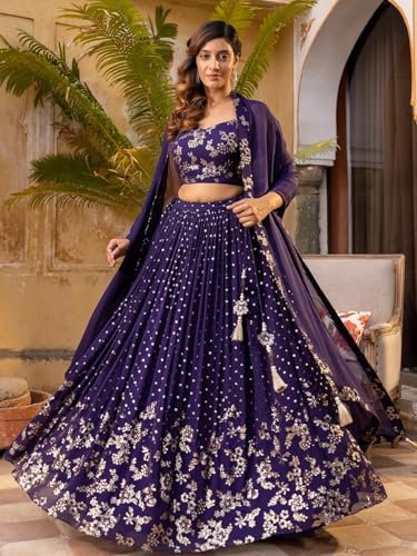 Zeel Clothing Women's Sequins and Thread Embroidered Work Georgette Lehenga Choli With Dupatta (6015-Purple-Women-Lehenga-Choli; Free size)