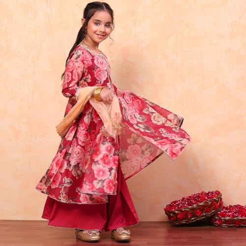 Biba Girls Wine Flared Poly Modal Printed Kurta suit set