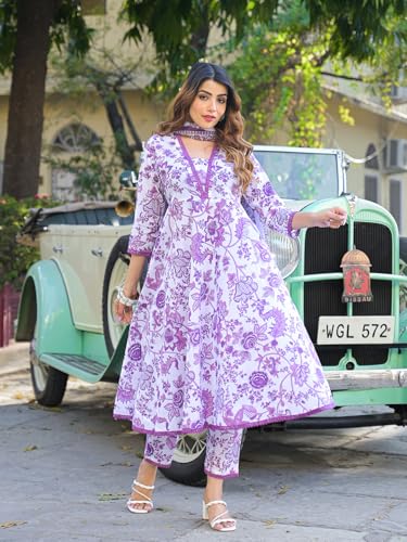 Divena Purple Floral Printed Anarkali Pure Cotton Kurta with Trousers & Dupatta