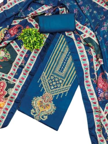 VARNI FABRICS Chinnon Dress Material for Women Digital Print Unstitched Woman Salwar Suit Dress Material With Chinnon Dupatta Teal Blue